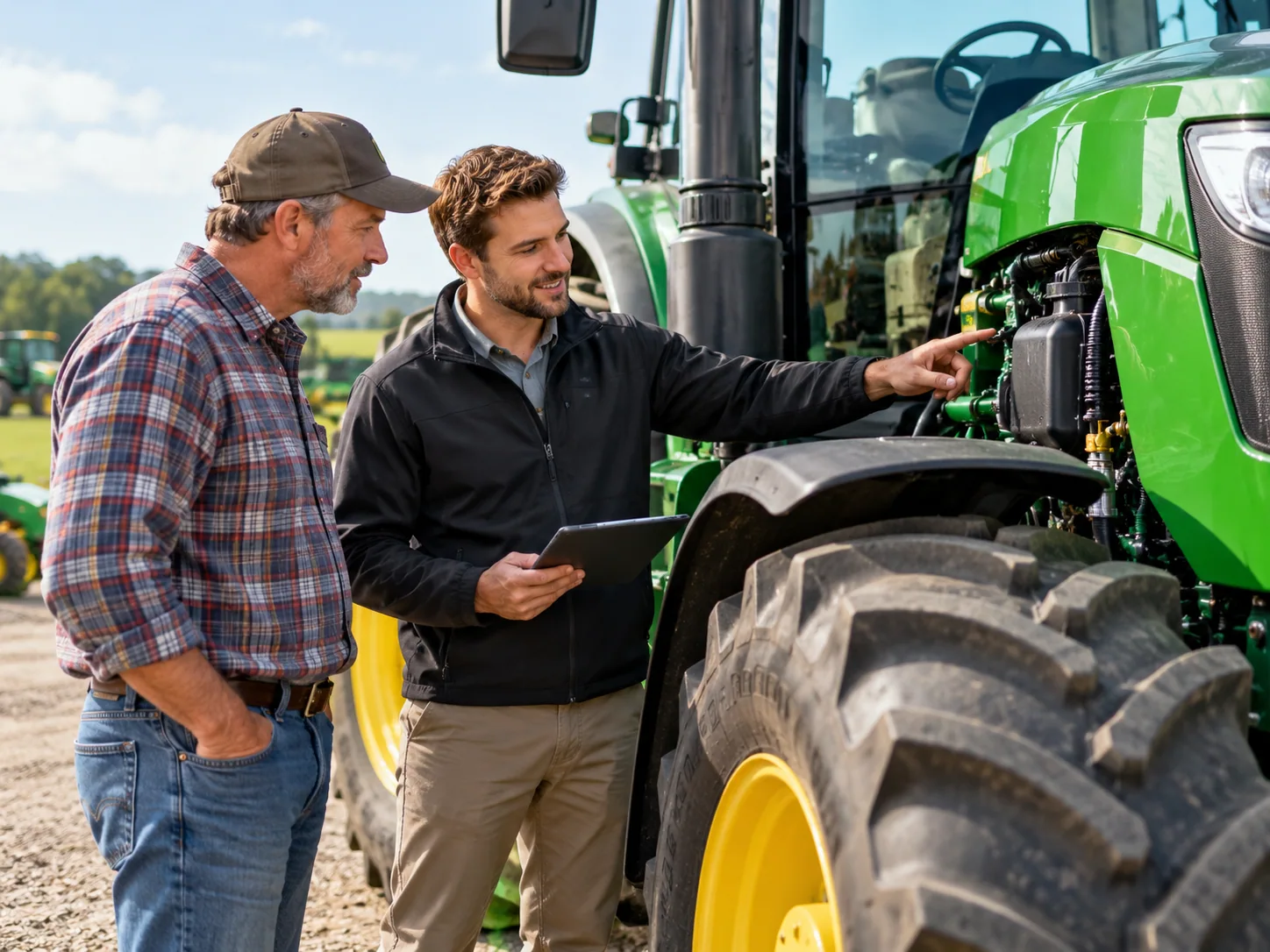 Representative discussing agricultural machinery with a customer